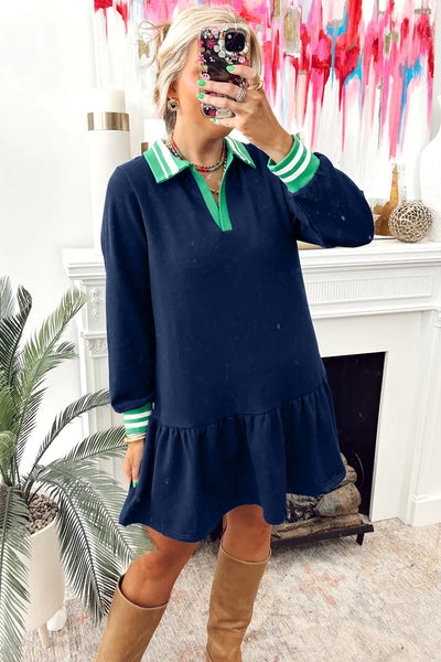 Navy Blue Long Sleeve Polo Mini Dress for Women with Ruffle Hem, Contrast Striped Cuffs & Stylish Patchwork Design