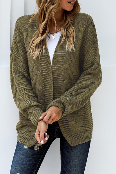 Cozy Olive Green Chunky Knit Cardigan for Women - Long Sleeve Open Front Sweater, Ideal for Stylish Layering