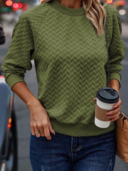 Forest Green Textured Raglan Sleeve Casual Sweatshirt