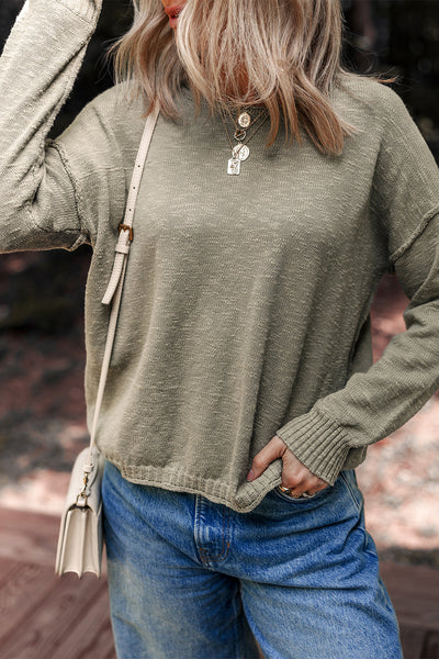 Cozy Women's Green Four Leaf Clover Drop Shoulder Sweater with Raw Hem - Perfect for Casual Everyday Wear