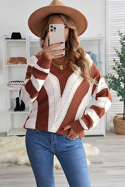 Women's Brown Striped Colorblock V-Neck Knit Sweater - Cozy Casual Fit for Fall & Winter Fashion