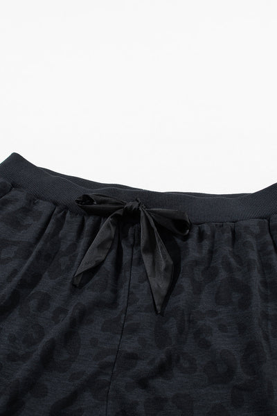 Leopard Print Satin Bow Lounge Set with Long Sleeve Top and Tie Shorts