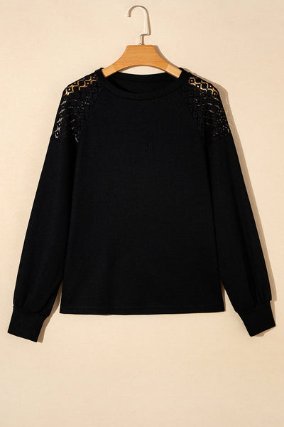Elegant Women's Black Lace Long Sleeve Pullover - Textured Knit Top with Stylish Detailing & Cozy Comfort
