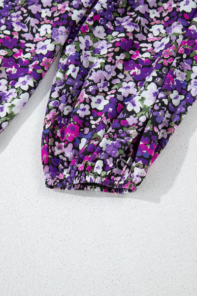 Women's Trendy Purple Boho Floral Blouse with Split V-Neck & Bubble Sleeves - Stylish, Comfortable Fashion Top