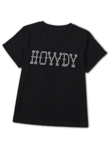 Women's HOWDY Black Rhinestone Embellished Slim Fit Tee