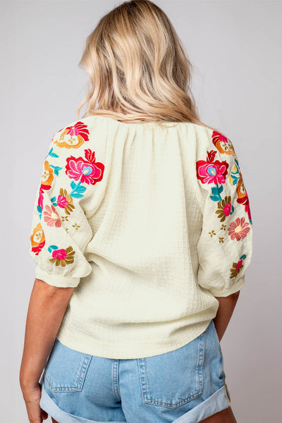 Chic Women's Beige Floral Embroidered Puff Sleeve Blouse with Textured Fabric and Ricrac Trim for Effortless Style