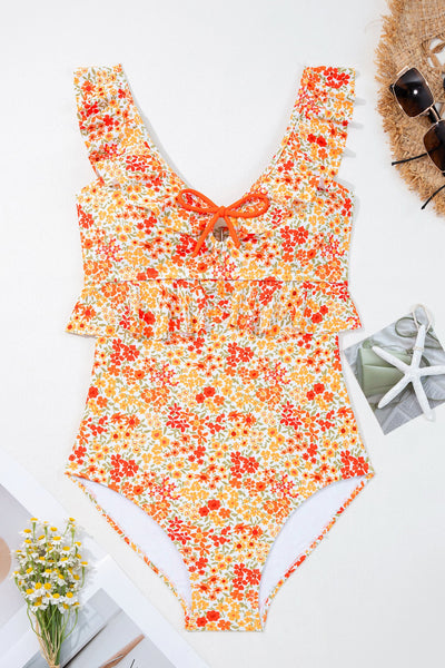 Women's Floral Orange Ruffle One-Piece Swimsuit with Keyhole Detail