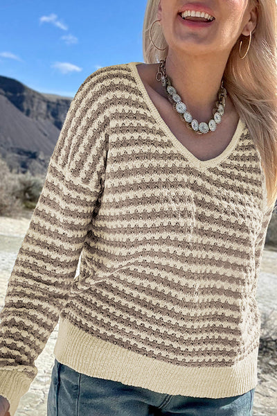 Plus Size Women's Cozy Khaki Stripe V-Neck Drop Shoulder Sweater for Chic, Comfortable Style