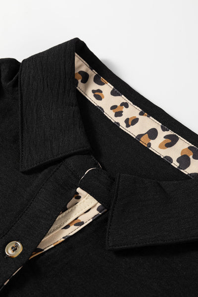 Women's Stylish Women's Black Leopard Print Blouse with Polo Collar, Ruffled Long Sleeves, and Button Front for Trendy Looks