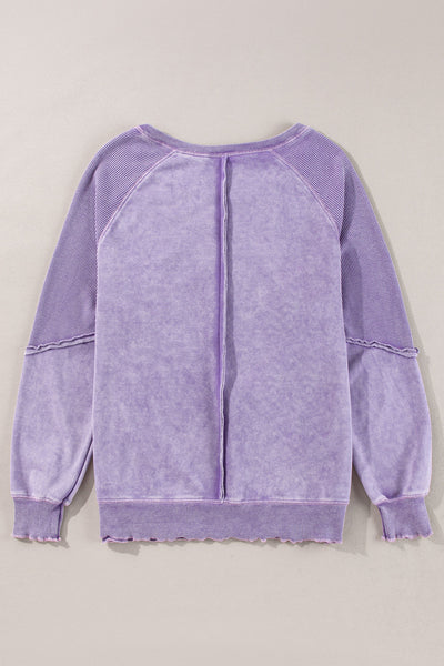 Women's Cozy Orchid Petal Waffle Knit Patchwork Raglan Sweatshirt - Casual Chic Top for Effortless Everyday Style