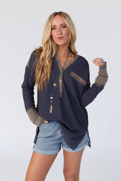 Cozy Women's Dark Blue Thermal Top with Contrast Trim & Half Button Detail - Perfect Stylish Fit for Year-Round Wear