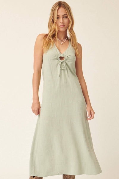 Solid Woven Keyhole Open-Back Maxi Dress