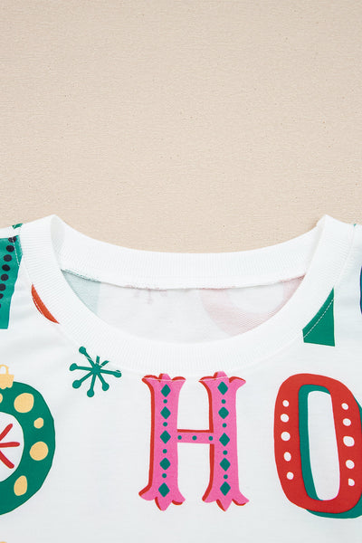 Plus Size Women's White Christmas Ho Ho Ho Print Long Sleeve Lounge Top & Shorts Set - Festive Comfort Outfit