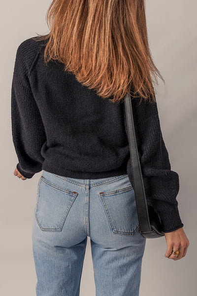 Stylish Women's Black Ribbed Knit High Neck Sweater with Cozy Raglan Sleeves - Ideal for Casual Chic Outfits