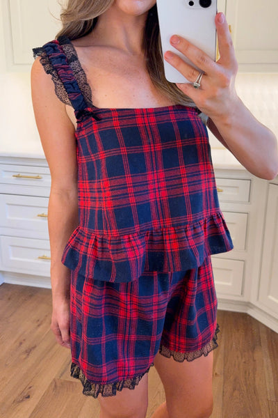Cozy Women's Red Plaid Lace Trim Flounce Hem Tank Top & Loose Shorts Pajama Set for Relaxed Sleepwear