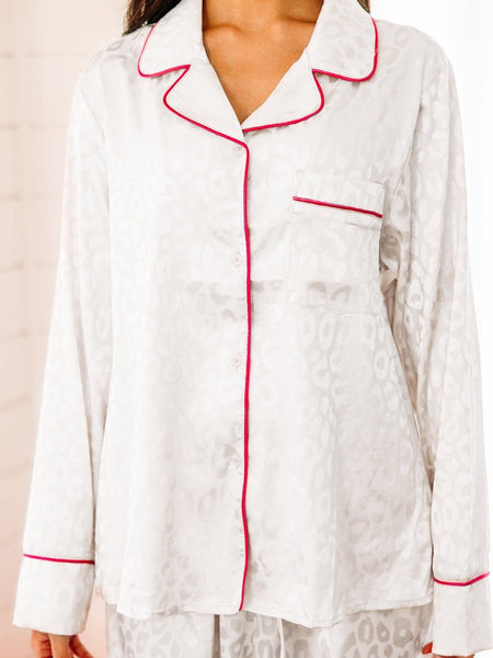 Leopard Print Satin Pajama Set with White Long Sleeve Top and Pants