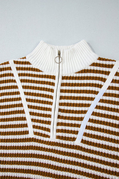 Cozy Women's Khaki Stripe Zip-Up Sweater with Drop Shoulder for Effortless Casual Chic