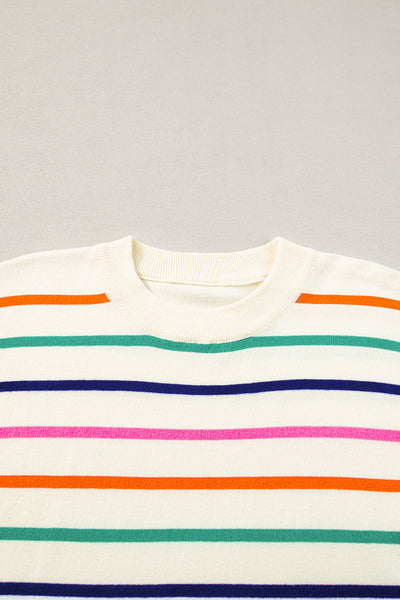 Beige Striped Short Sleeve Knitted Top for Women - Trendy Boxy Fit Tee for Effortless Casual Chic Style