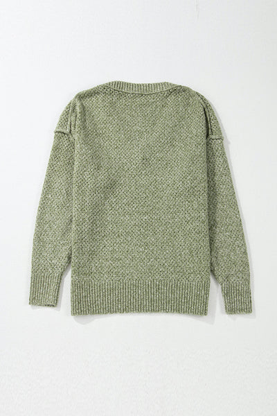 Women's Cozy Jungle Green Loose Eyelet V-Neck Sweater - Stylish Drop Shoulder Knitwear for Effortless Casual Chic