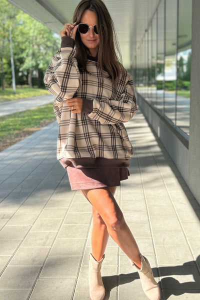 Women's Cozy Plaid Pullover Sweatshirt in Parchment - Relaxed Fit for Effortless Everyday Style