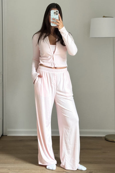 Women's Light Pink Cozy 3-Piece Textured Knit Lounge Set for Relaxed Comfort and Chic Homewear Style