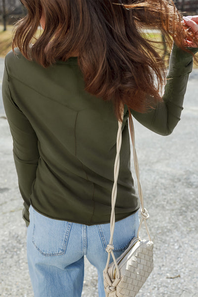 Chic Moss Green Women's Long Sleeve Top with Raw Seam Detail - Perfectly Comfortable for Everyday Style