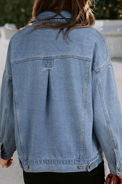 Chic Washed Blue Oversized Denim Jacket for Women with Pockets - Effortless Casual Outerwear for Stylish Looks