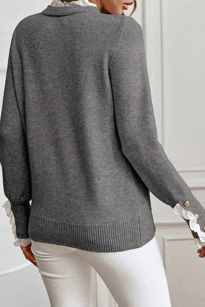 Women's Lace-Trim Knit Sweater with Buttoned Cuffs in Sleet Gray