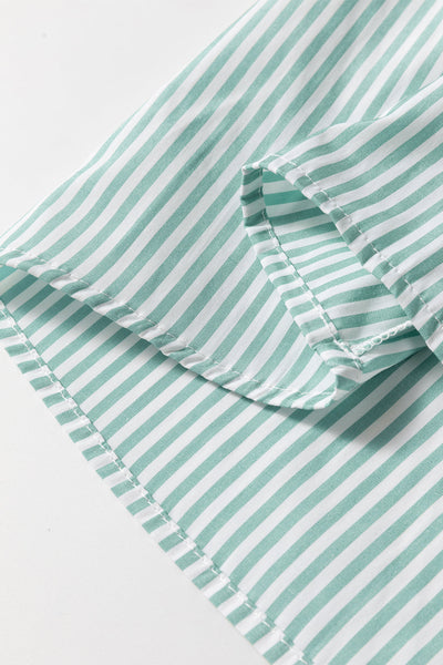 Women's Casual Green Striped V-Neck Shirt with Roll-Up Sleeves and Pocket - Perfect for Everyday Wear