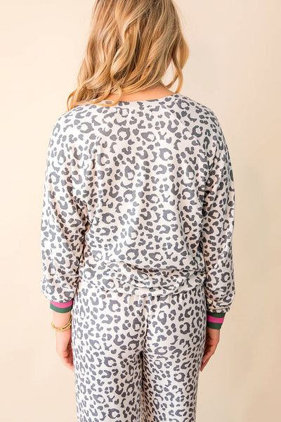 Women's Gray Leopard Print V-Neck Lounge Set with Striped Trim