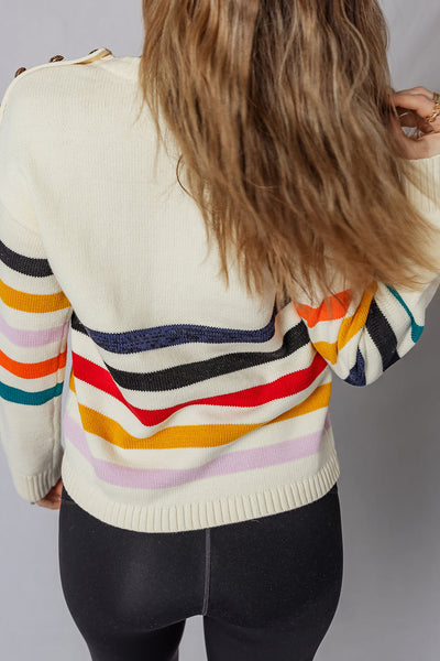 Chic White Striped Drop Shoulder Sweater for Women with Button Detail - Cozy Casual Knitwear for Effortless Style