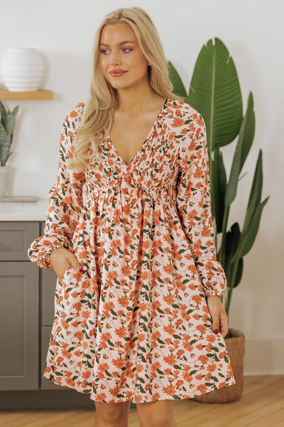 Women's Smocked Beige Floral Babydoll Dress with Bubble Sleeves