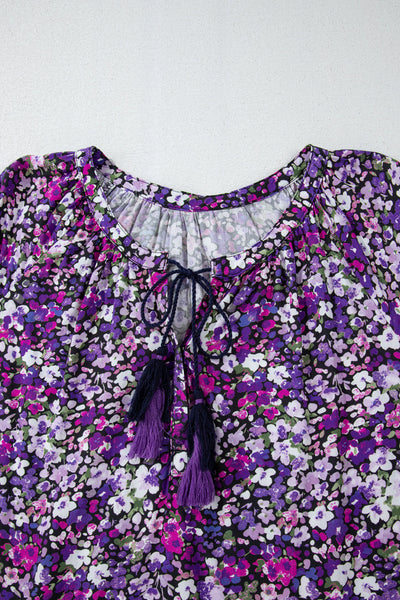 Women's Trendy Purple Boho Floral Blouse with Split V-Neck & Bubble Sleeves - Stylish, Comfortable Fashion Top