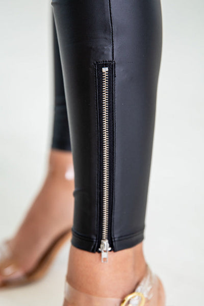 Stylish Women's Black Faux Leather Leggings with Zipper Accents - Ideal for Casual Outings or Nighttime Elegance