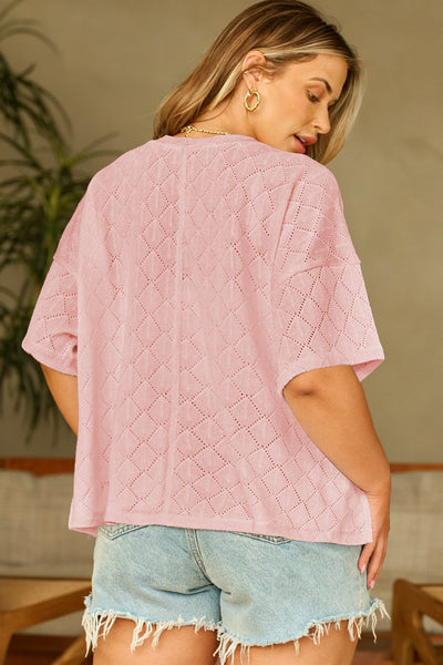 Women's Light Pink Pointelle Plus Size V-Neck Top