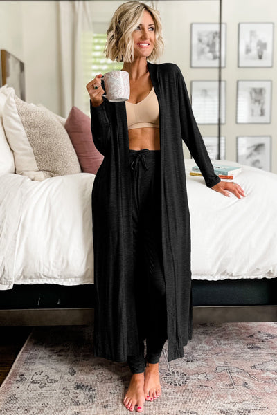 Stylish Women's Black Lounge Set: Long Split Cardigan & Slim-Fit Pants for Ultimate Comfort and Fashion