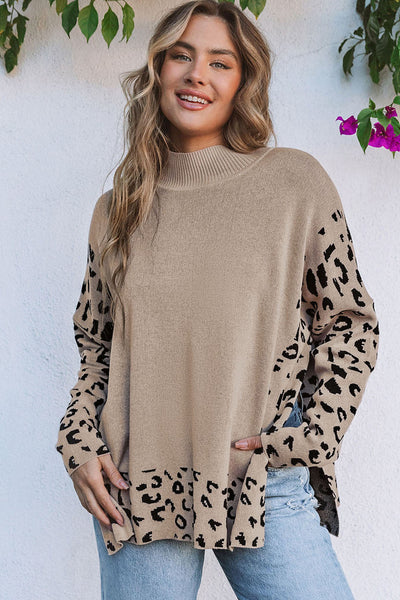 Trendy Women's Oversized Khaki Leopard Print Sweater with High Neck and Side Slits for Cozy Style made for easy styling and wardrobe coordination,
