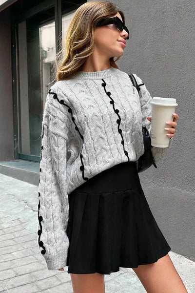 Cozy Light Grey Cable Knit Sweater for Women with Drop Shoulders & Contrast Details - Perfect Chic Fall Fashion