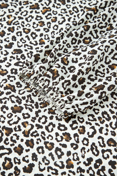 Plus Size Women's Trendy Khaki Leopard Print Mini Dress with Puff Sleeves and Button V-Neck for a Comfortable Fit