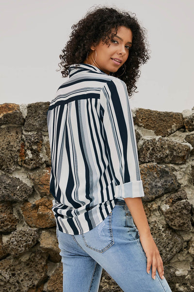 Chic Women's White and Navy Striped Shirt - Comfortable Fit for Effortless Everyday Style and Casual Elegance