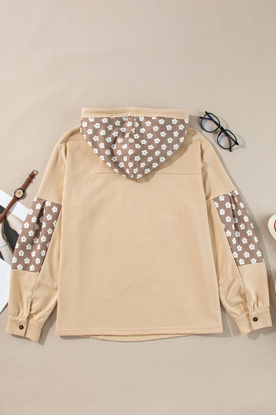 Women's Apricot Floral Patchwork Hoodie with Star Design and Adjustable Drawstring - Casual and Stylish Pullover