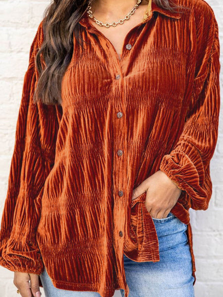 Women's Velvet Orange Lantern Sleeve Button Up Shirt