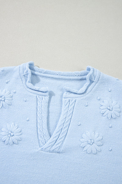 Women's Cozy Beau Blue Floral Knit Sweater with Notched Neck Stylish, Versatile Fashion for All Seasons