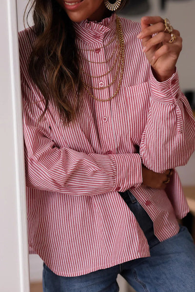 Women's Casual Pink Striped Button-Down Shirt with Frill Collar and Chest Pocket - Relaxed Fit for Effortless Style