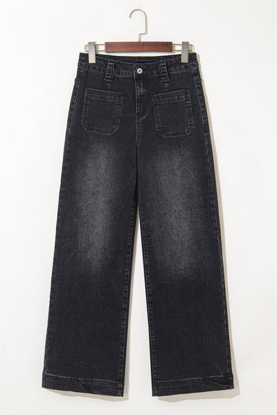 Stylish Women's Black High-Waist Wide Leg Jeans with Pockets for a Comfortable, Effortless Everyday Look
