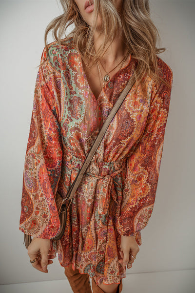 Women's Orange Boho Paisley Print Mini Dress with Long Sleeves, Pleated Design, and Belted Waist for Effortless Style