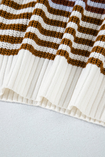 Cozy Women's Khaki Stripe Zip-Up Sweater with Drop Shoulder for Effortless Casual Chic