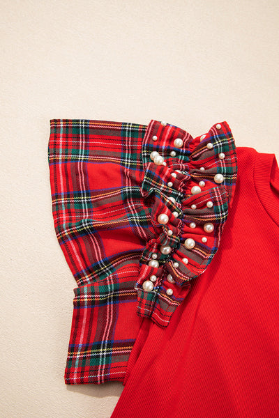 Red Plaid Ruffle Sleeve Merry Graphic Tee with Pearls with practical styling and dependable silhouette control.