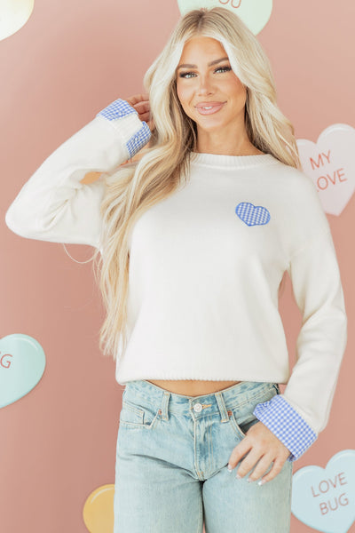 Women's Plaid Heart Embroidered Cuffed Crew Neck Sweater