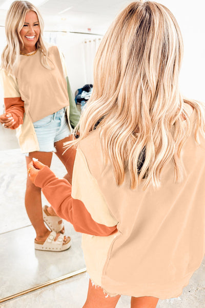 Trendy Beige Color Block Casual Sweatshirt for Women with Split Hem - Comfortable Everyday Fashion Essentials